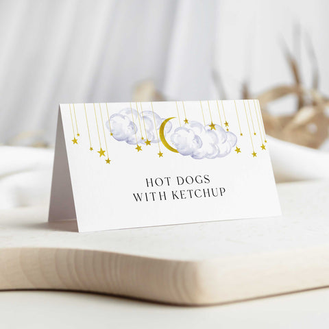 Fully editable and printable baby shower food tents and table cards with a little star design. Perfect for a Twinkle Little Star baby shower themed party