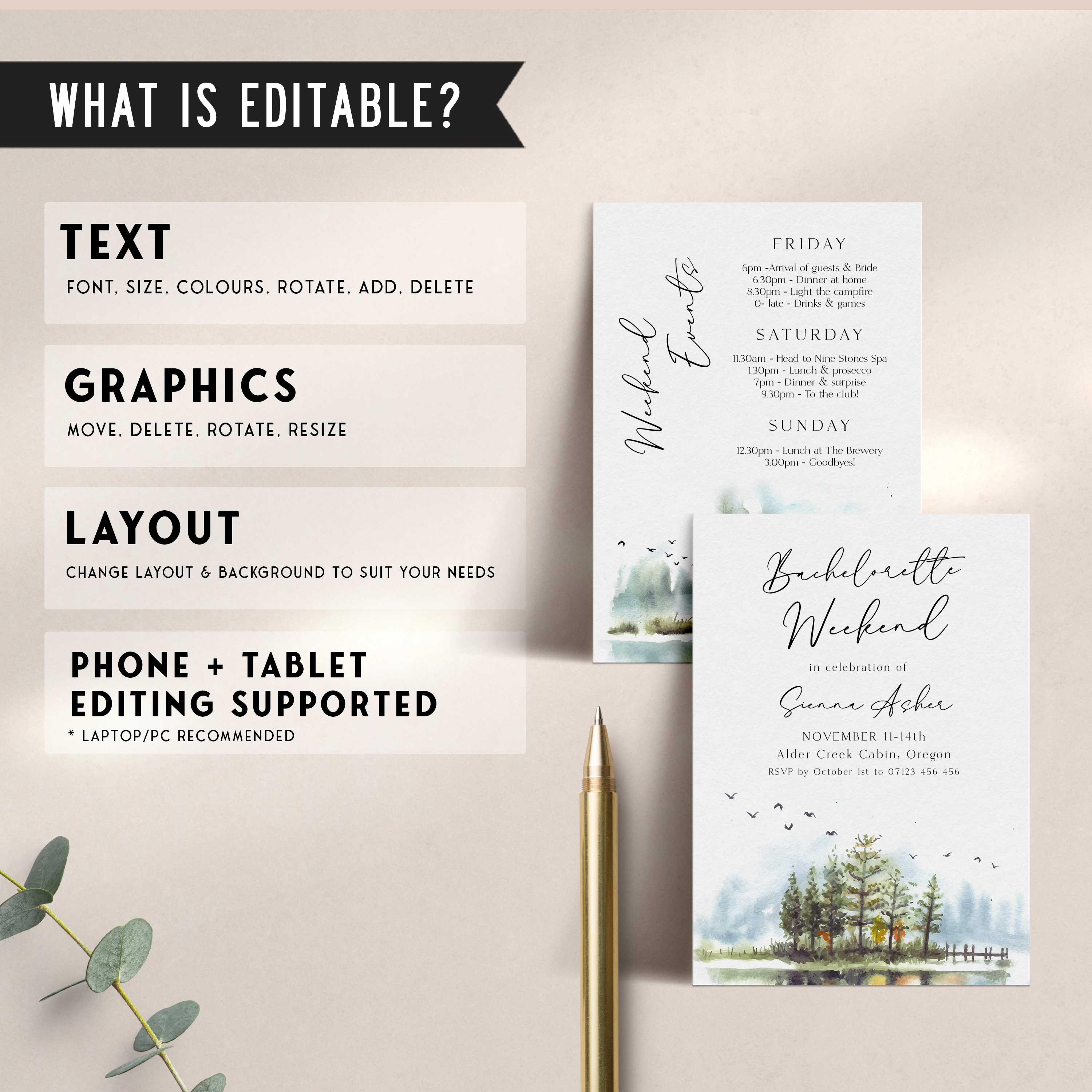 Fully editable and printable mountain cabin invitation with a mountain design. Perfect for a snowy cabin mountain bridal shower