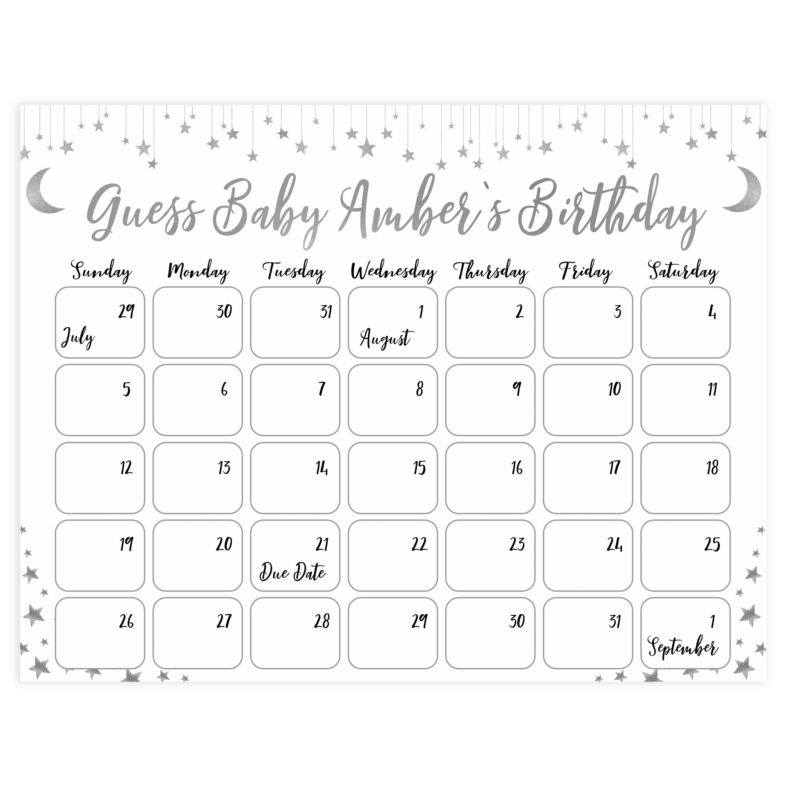 silver little star guess the baby birthday game, baby birthday predictions game, printable baby games, fun baby shower games, little star baby games