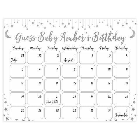 silver little star guess the baby birthday game, baby birthday predictions game, printable baby games, fun baby shower games, little star baby games