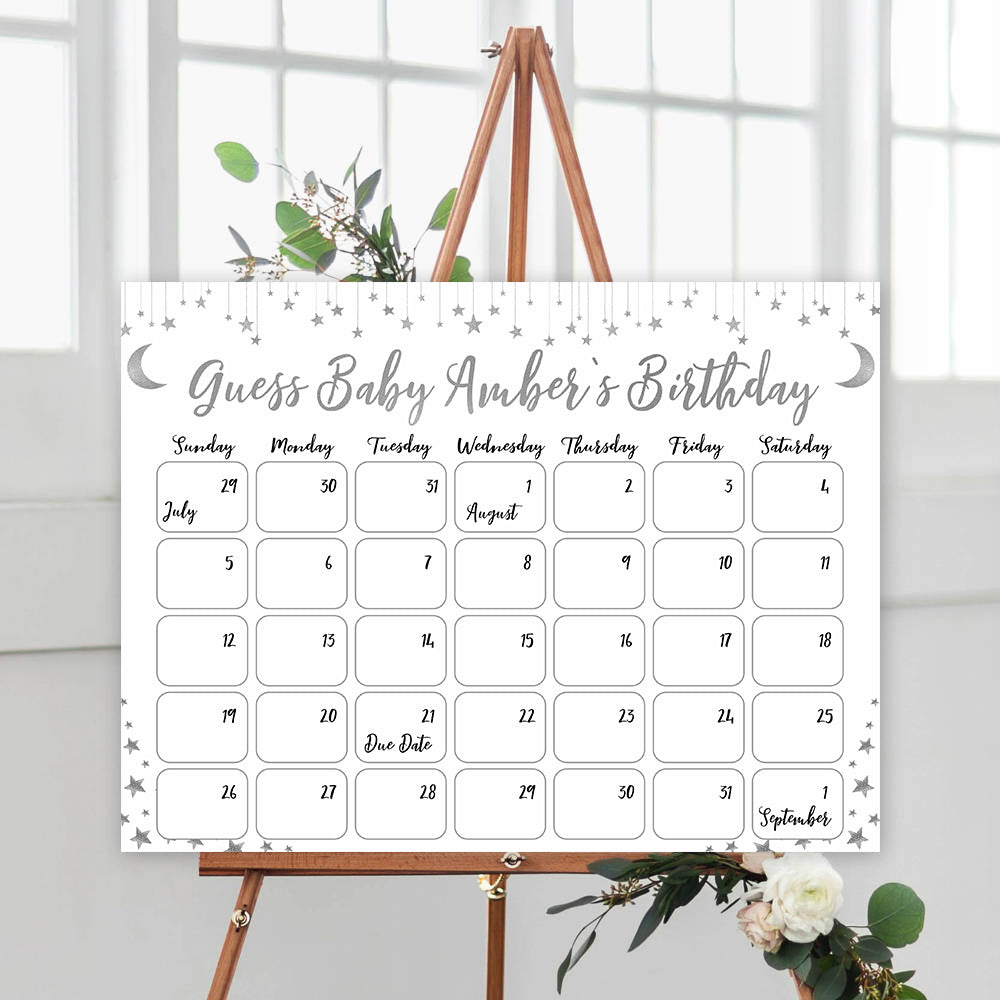 silver little star guess the baby birthday game, baby birthday predictions game, printable baby games, fun baby shower games, little star baby games
