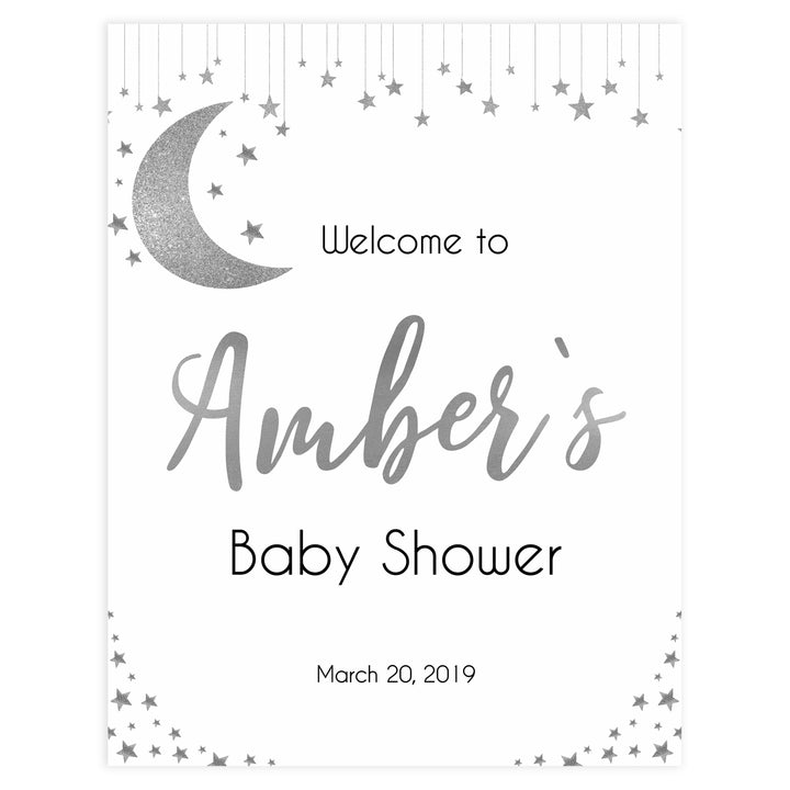baby shower welcome signs, silver little star baby welcome signs, twinkle little star baby signs, silver baby welcome sign