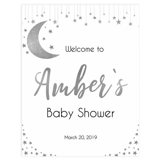 baby shower welcome signs, silver little star baby welcome signs, twinkle little star baby signs, silver baby welcome sign