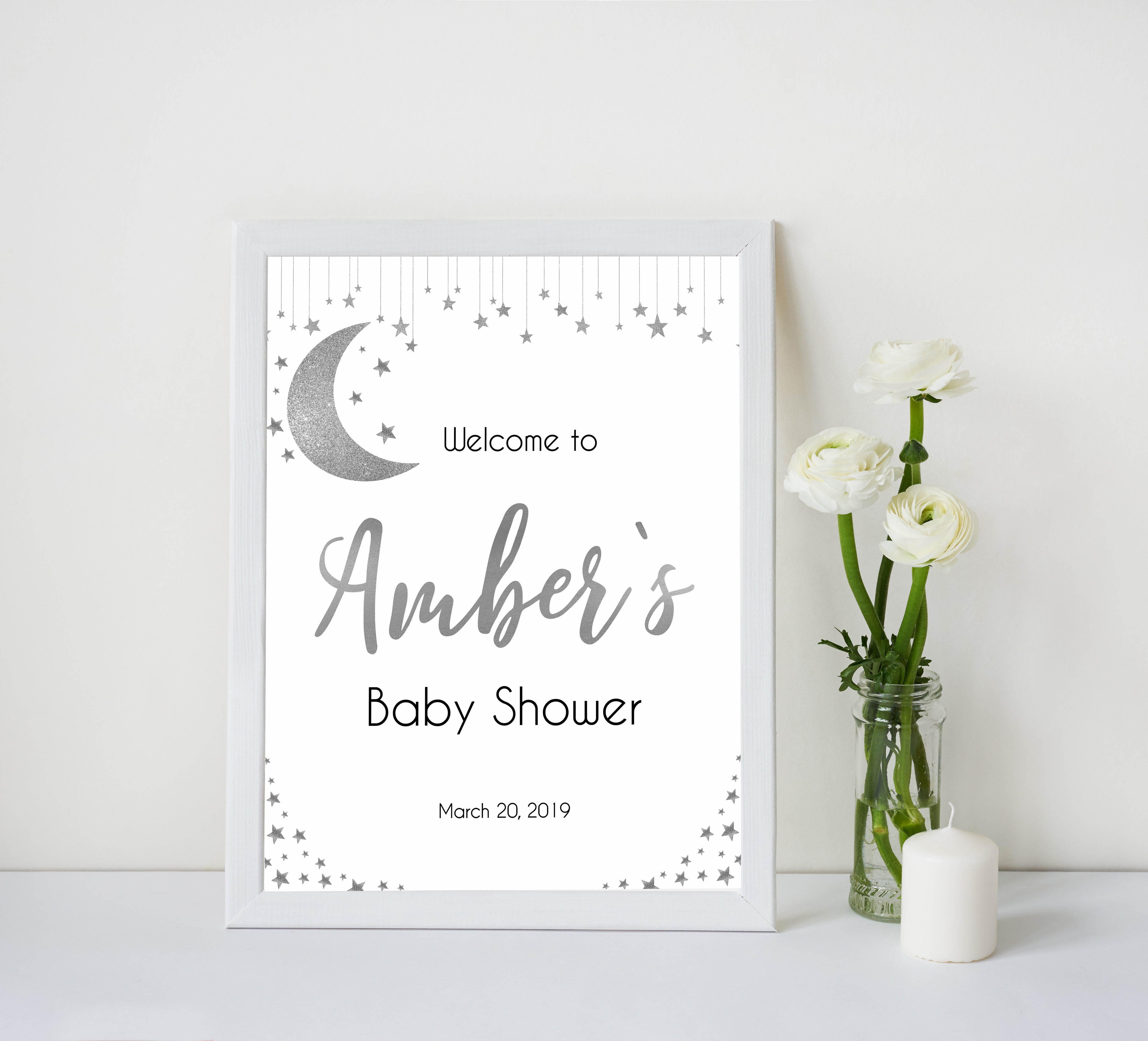 baby shower welcome signs, silver little star baby welcome signs, twinkle little star baby signs, silver baby welcome sign