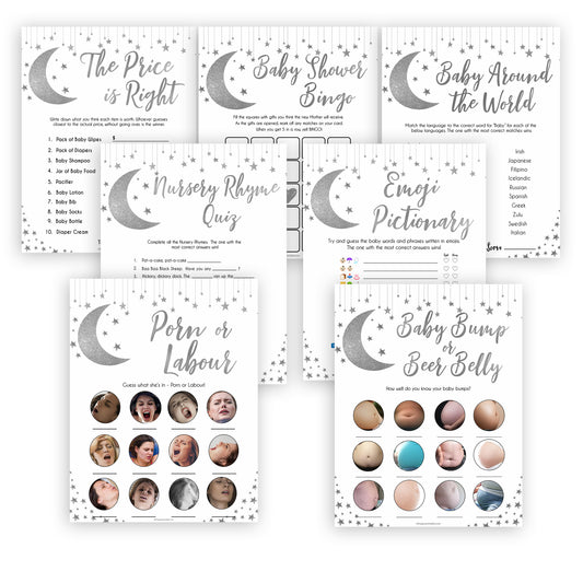 Silver little star, 7 baby shower games, 7 baby games bundle baby games, baby shower games, printable baby games, fun baby games, twinkle little star games, baby games, fun baby shower ideas, baby shower ideas