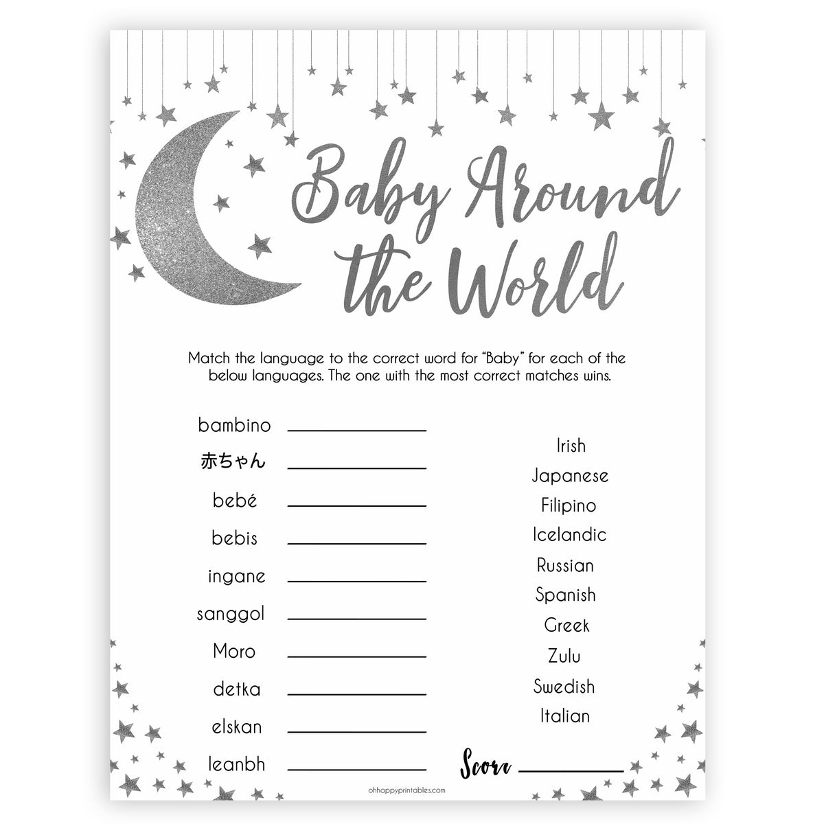 Silver little star, baby around the world baby games, baby shower games, printable baby games, fun baby games, twinkle little star games, baby games, fun baby shower ideas, baby shower ideas