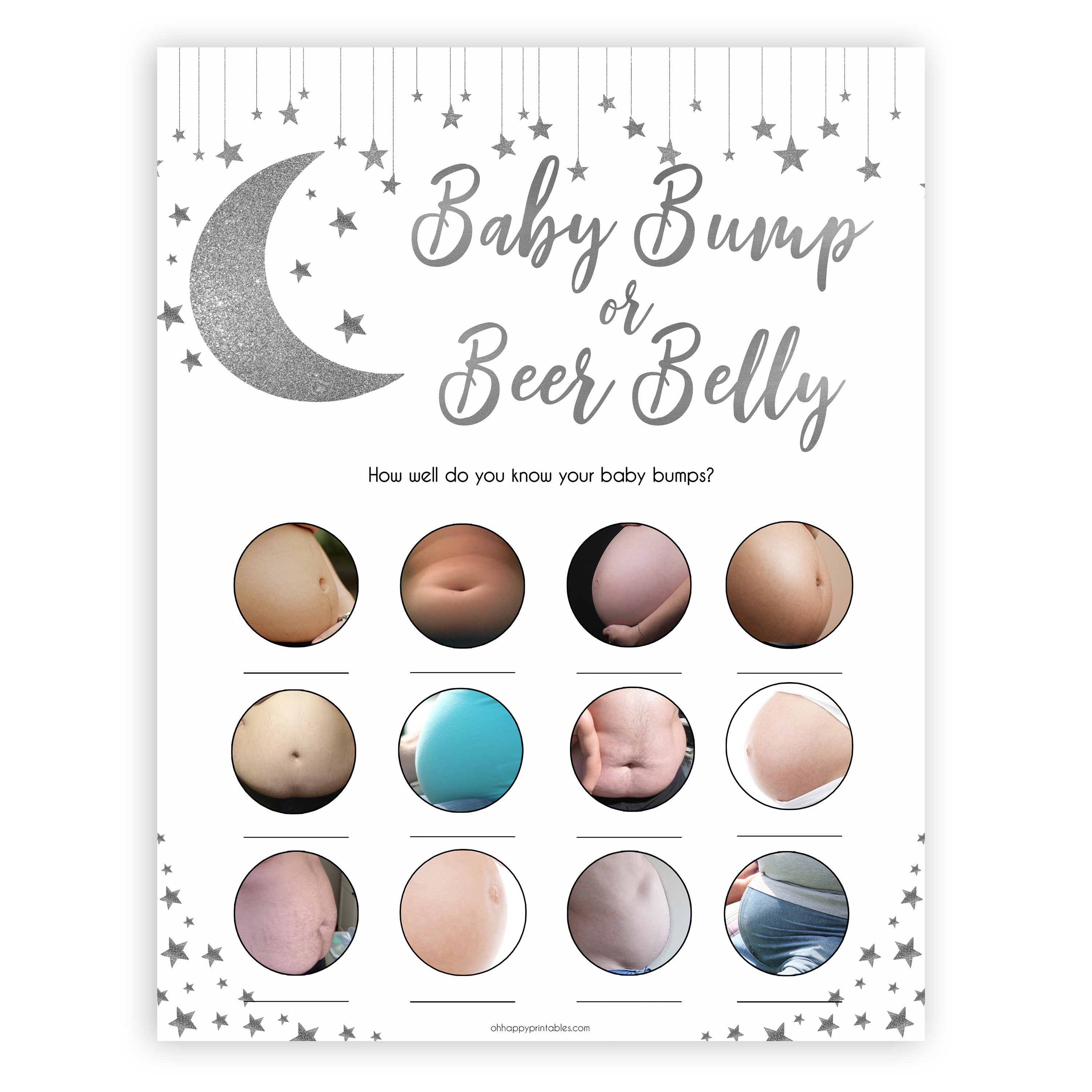 Silver little star, baby bump or beer belly, baby bump game, baby games, baby shower games, printable baby games, fun baby games, twinkle little star games, baby games, fun baby shower ideas, baby shower ideas