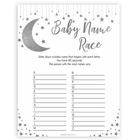 Silver little star, baby name race baby games, baby shower games, printable baby games, fun baby games, twinkle little star games, baby games, fun baby shower ideas, baby shower ideas