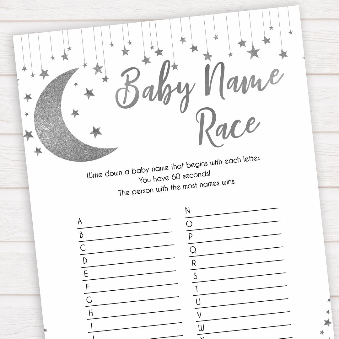 Silver little star, baby name race baby games, baby shower games, printable baby games, fun baby games, twinkle little star games, baby games, fun baby shower ideas, baby shower ideas