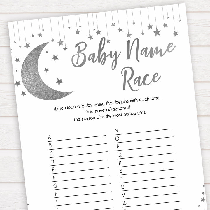 Silver little star, baby name race baby games, baby shower games, printable baby games, fun baby games, twinkle little star games, baby games, fun baby shower ideas, baby shower ideas