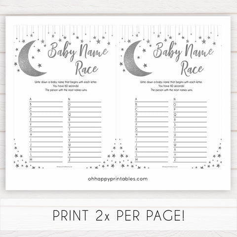 Silver little star, baby name race baby games, baby shower games, printable baby games, fun baby games, twinkle little star games, baby games, fun baby shower ideas, baby shower ideas