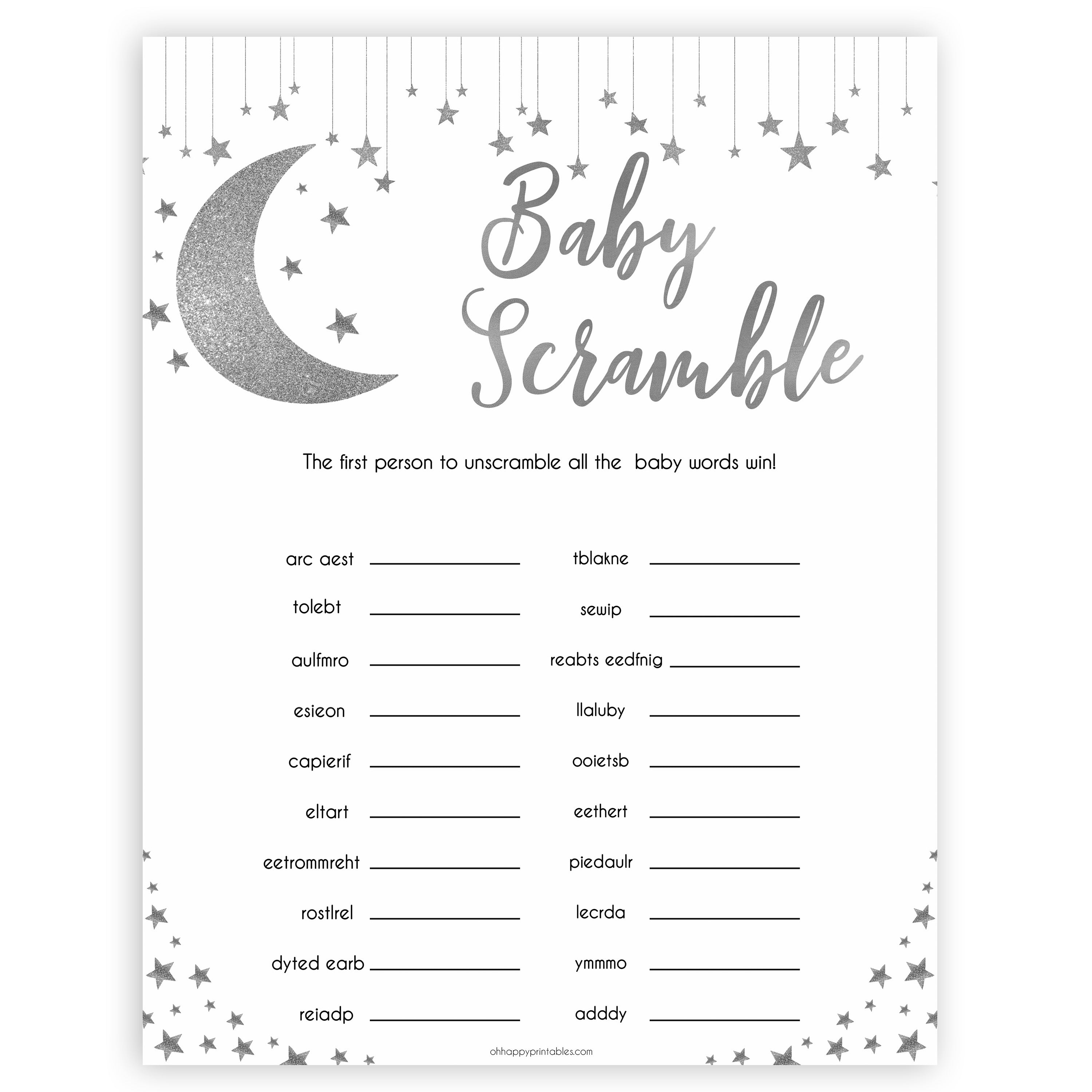 Silver little star, baby scramble baby games, baby shower games, printable baby games, fun baby games, twinkle little star games, baby games, fun baby shower ideas, baby shower ideas