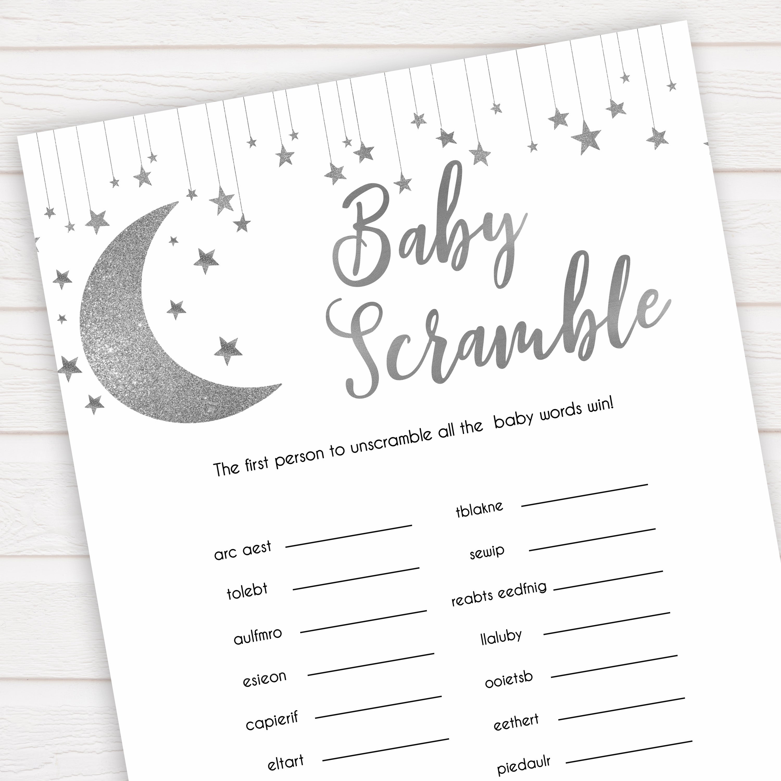 Silver little star, baby scramble baby games, baby shower games, printable baby games, fun baby games, twinkle little star games, baby games, fun baby shower ideas, baby shower ideas