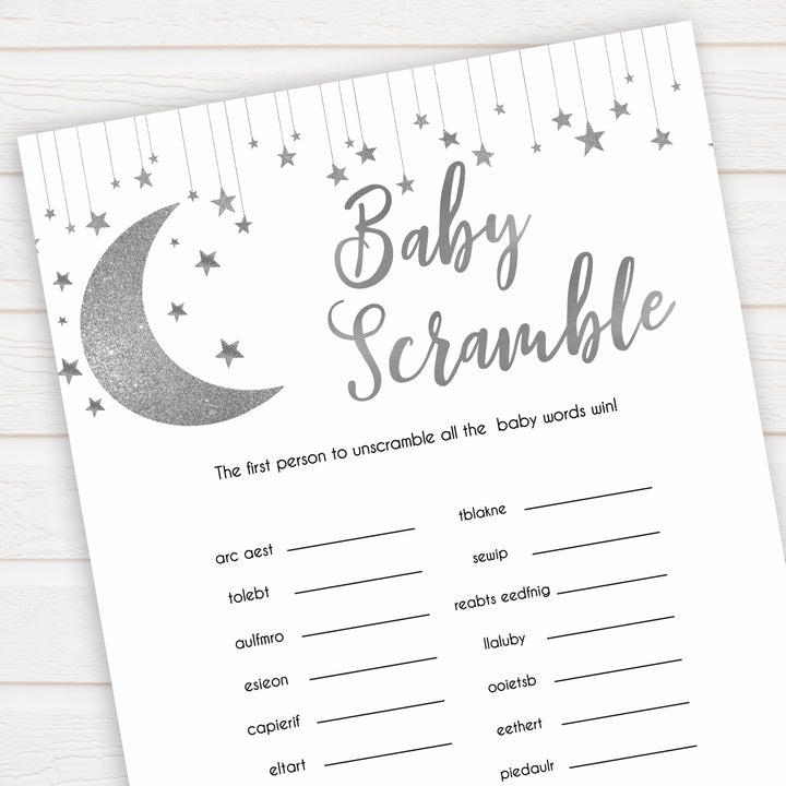 Silver little star, baby scramble baby games, baby shower games, printable baby games, fun baby games, twinkle little star games, baby games, fun baby shower ideas, baby shower ideas