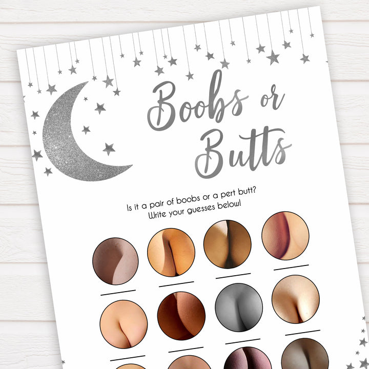 Silver little star, boobs or butts baby games, baby shower games, printable baby games, fun baby games, twinkle little star games, baby games, fun baby shower ideas, baby shower ideas