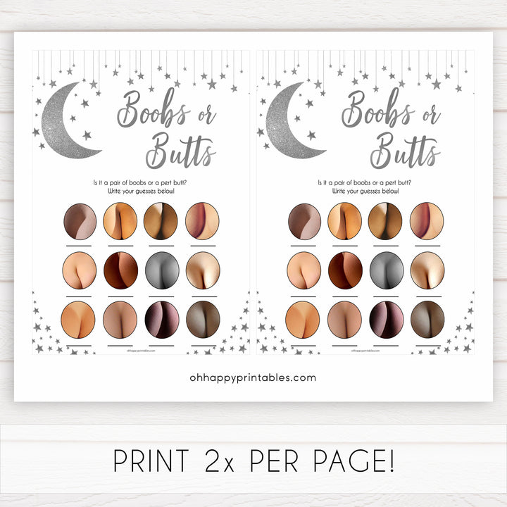 Silver little star, boobs or butts baby games, baby shower games, printable baby games, fun baby games, twinkle little star games, baby games, fun baby shower ideas, baby shower ideas