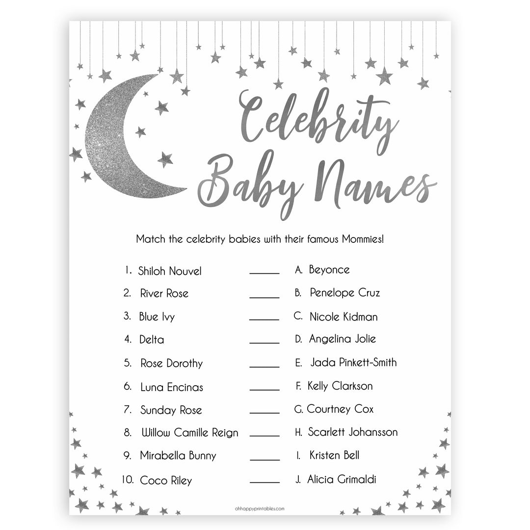Silver little star, celebrity baby names baby games, baby shower games, printable baby games, fun baby games, twinkle little star games, baby games, fun baby shower ideas, baby shower ideas