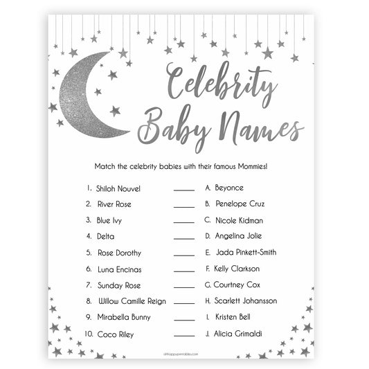 Silver little star, celebrity baby names baby games, baby shower games, printable baby games, fun baby games, twinkle little star games, baby games, fun baby shower ideas, baby shower ideas