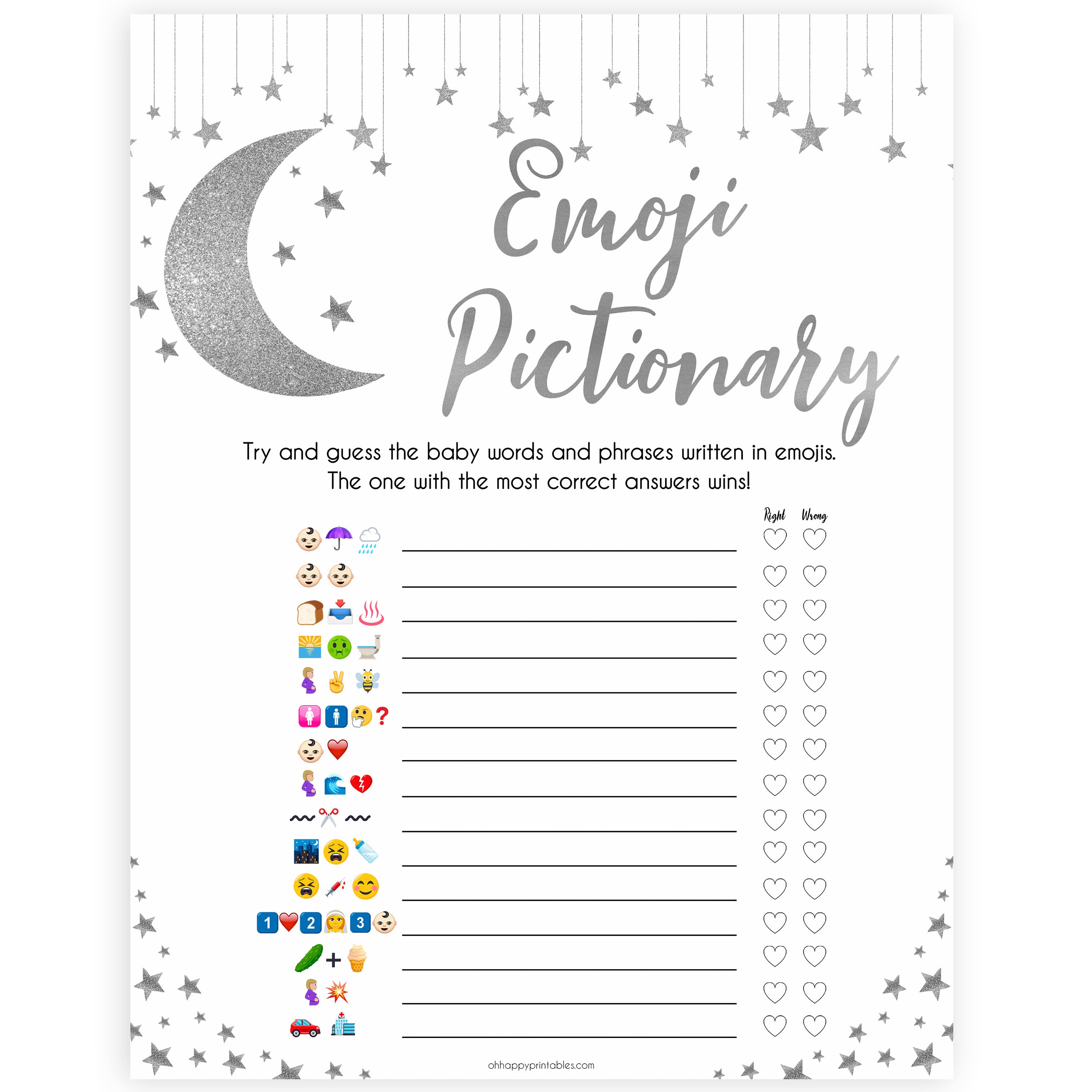 Silver little star, emoji pictionary baby games, baby shower games, printable baby games, fun baby games, twinkle little star games, baby games, fun baby shower ideas, baby shower ideas