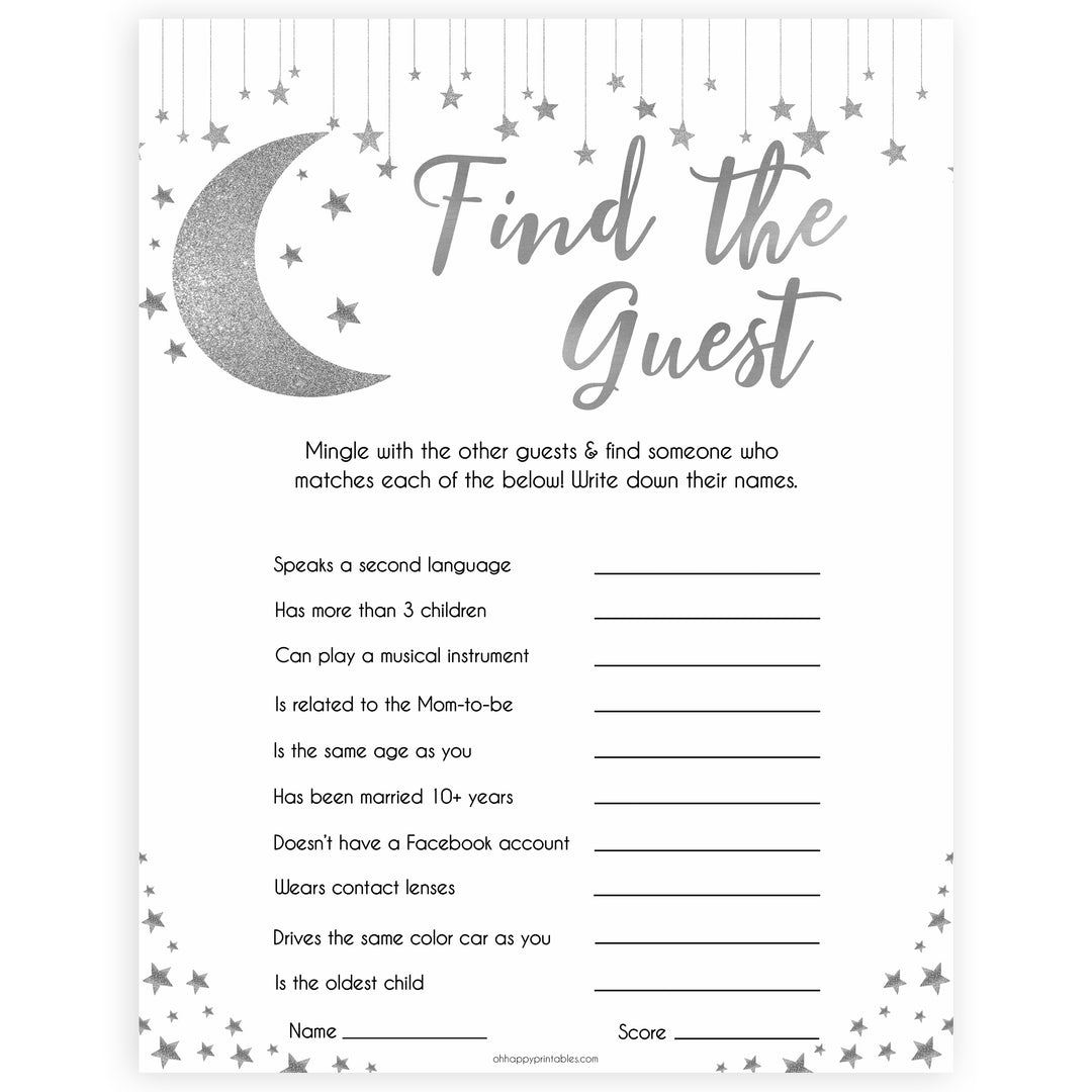 Silver little star, find the guest baby games, baby shower games, printable baby games, fun baby games, twinkle little star games, baby games, fun baby shower ideas, baby shower ideas