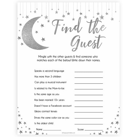 Silver little star, find the guest baby games, baby shower games, printable baby games, fun baby games, twinkle little star games, baby games, fun baby shower ideas, baby shower ideas