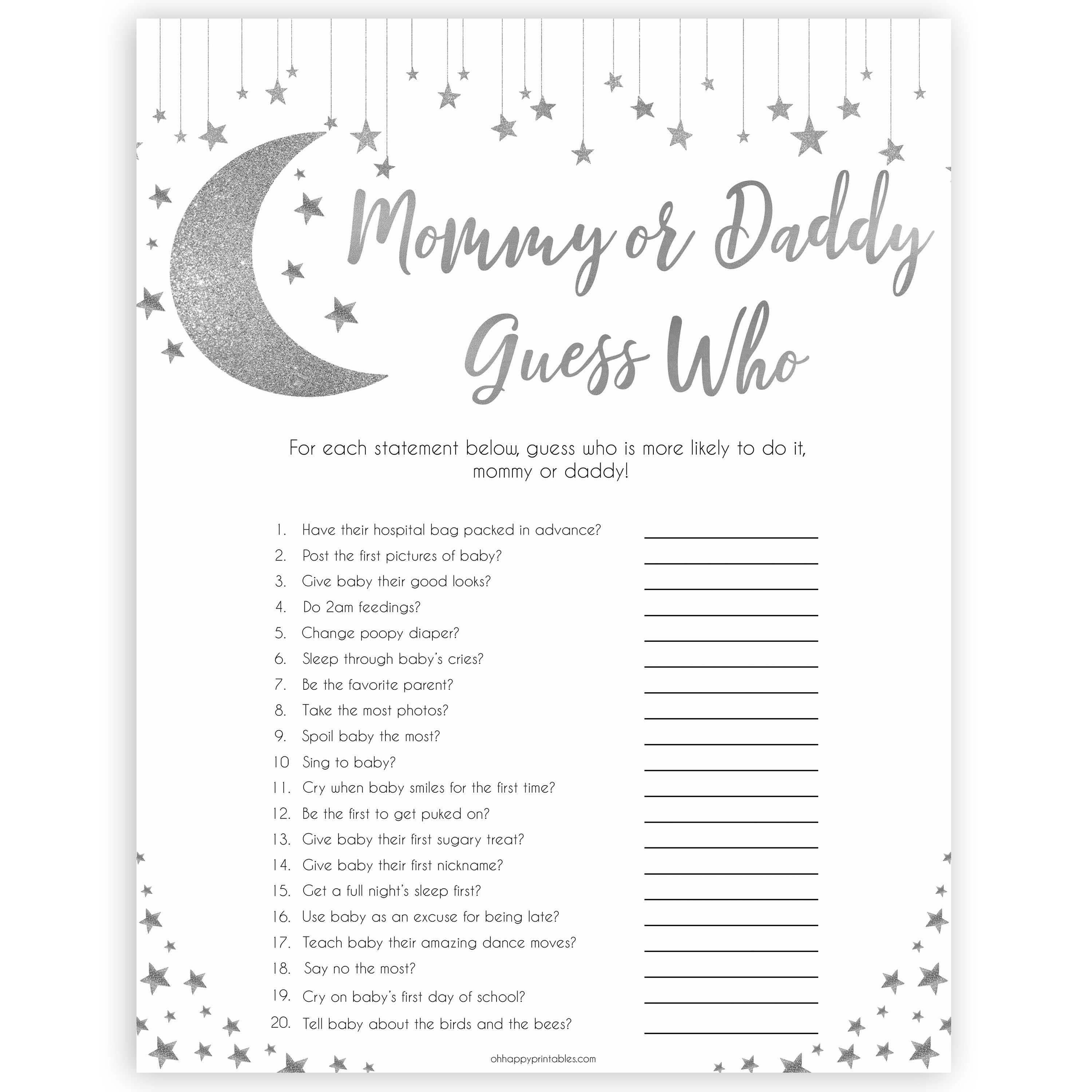 Silver little star, guess who mommy or daddy baby games, baby shower games, printable baby games, fun baby games, twinkle little star games, baby games, fun baby shower ideas, baby shower ideas