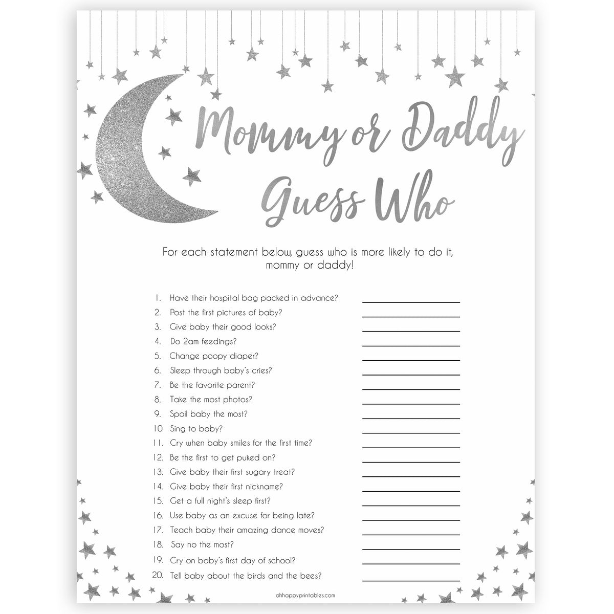 Silver little star, guess who mommy or daddy baby games, baby shower games, printable baby games, fun baby games, twinkle little star games, baby games, fun baby shower ideas, baby shower ideas