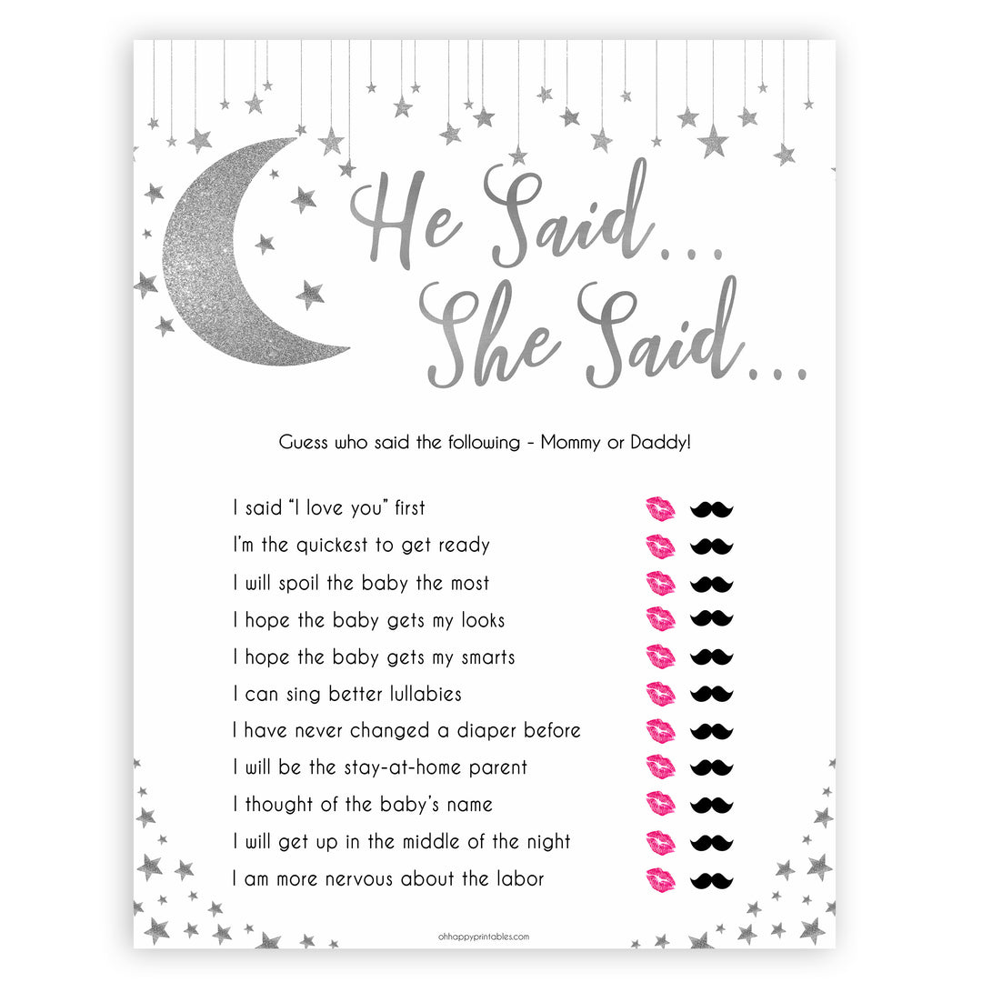 Silver little star, he said she said baby games, baby shower games, printable baby games, fun baby games, twinkle little star games, baby games, fun baby shower ideas, baby shower ideas