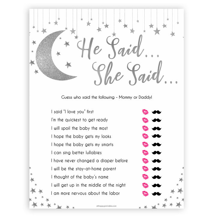 Silver little star, he said she said baby games, baby shower games, printable baby games, fun baby games, twinkle little star games, baby games, fun baby shower ideas, baby shower ideas