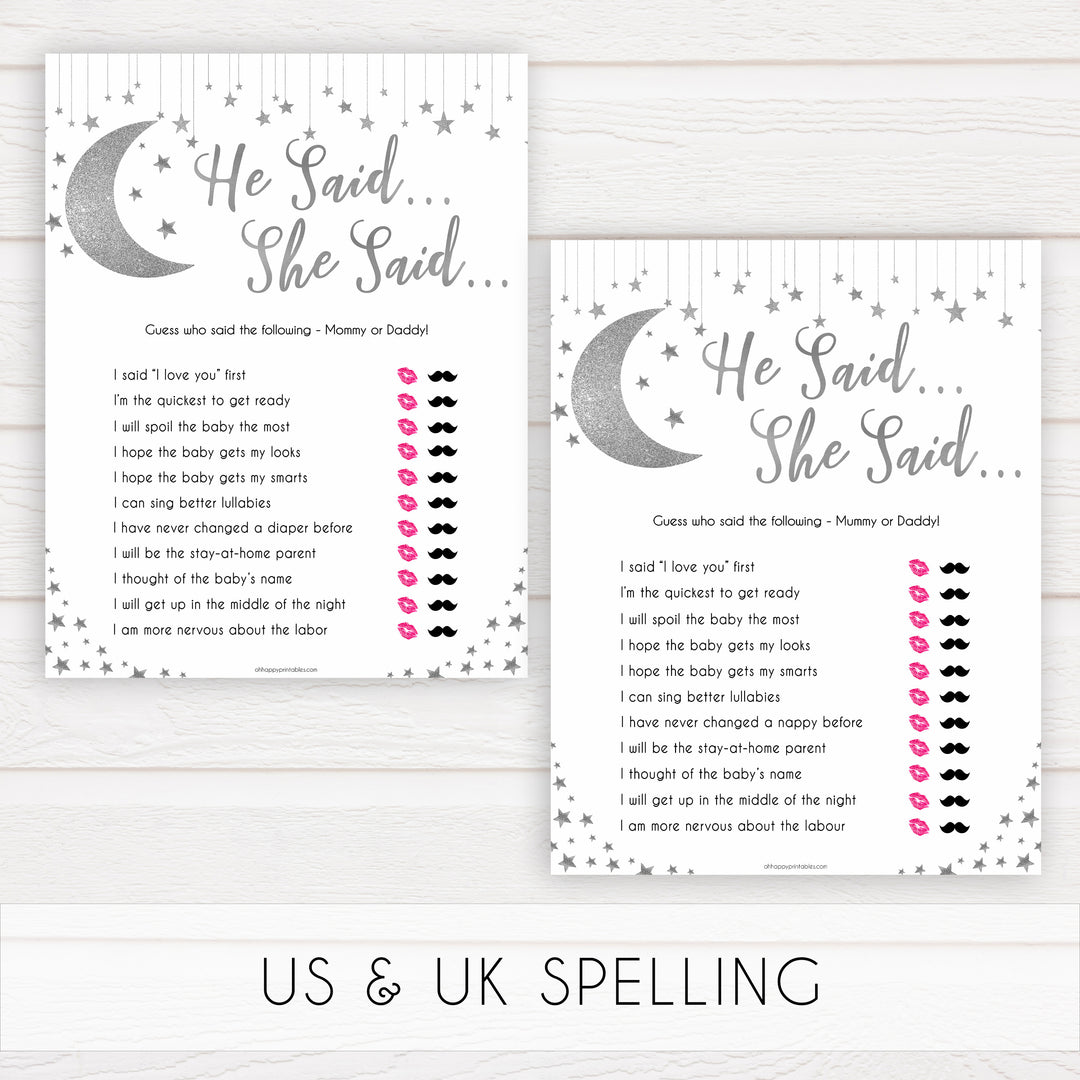 Silver little star, he said she said baby games, baby shower games, printable baby games, fun baby games, twinkle little star games, baby games, fun baby shower ideas, baby shower ideas