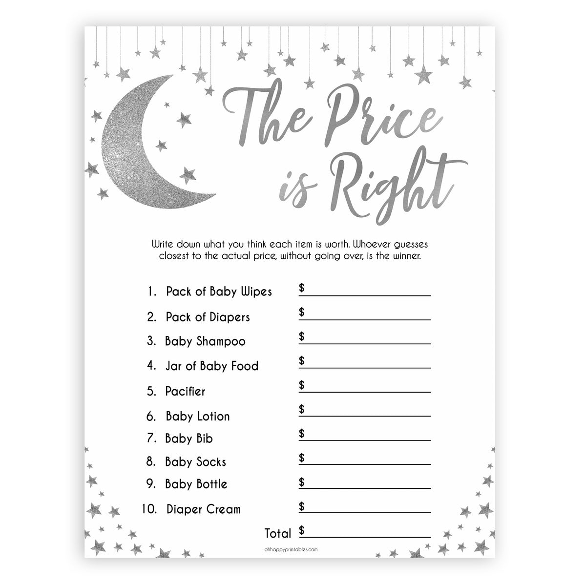 Silver little star, the price is right baby games, baby shower games, printable baby games, fun baby games, twinkle little star games, baby games, fun baby shower ideas, baby shower ideas