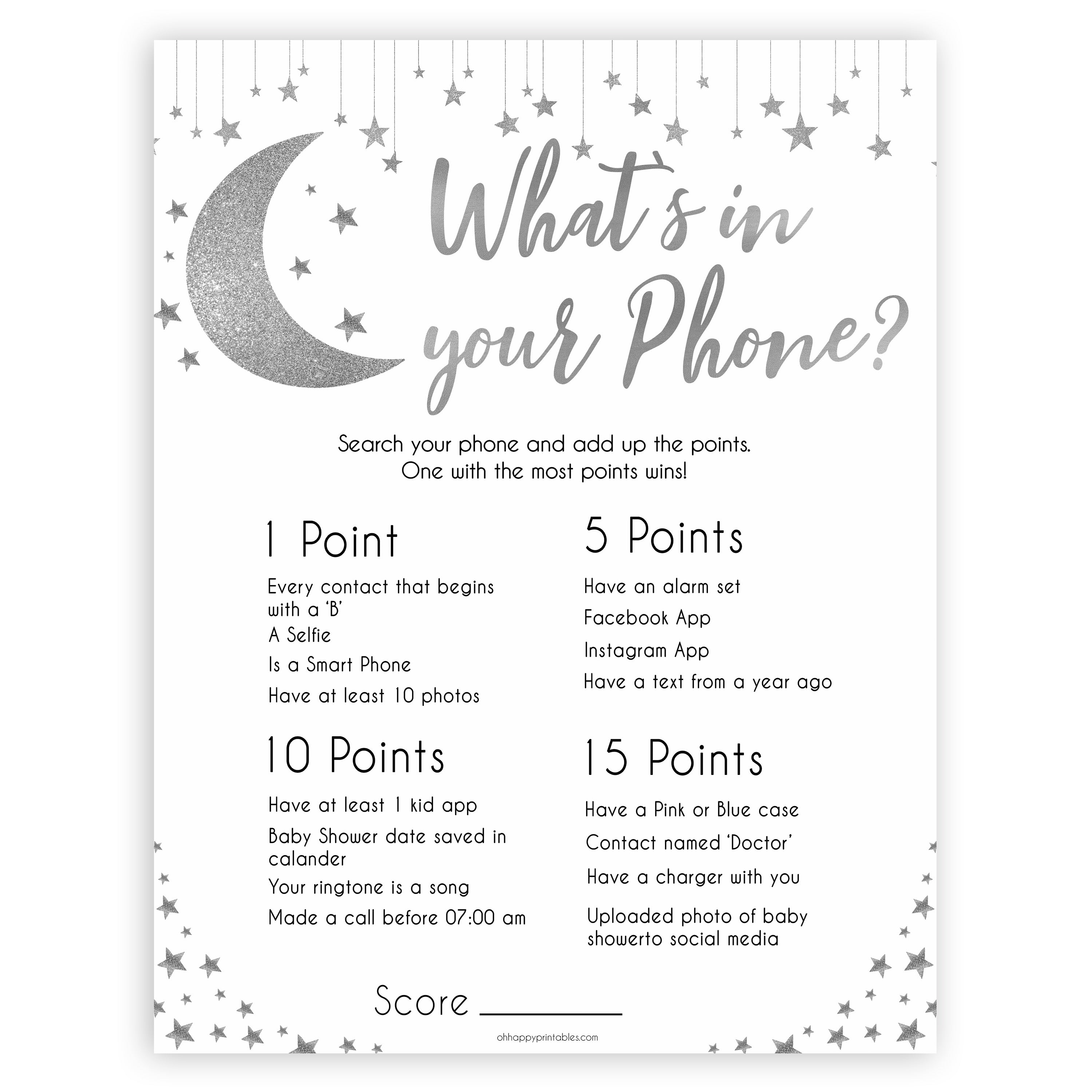 Silver little star, whats in your phone baby games, baby shower games, printable baby games, fun baby games, twinkle little star games, baby games, fun baby shower ideas, baby shower ideas
