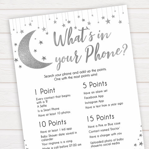 Silver little star, whats in your phone baby games, baby shower games, printable baby games, fun baby games, twinkle little star games, baby games, fun baby shower ideas, baby shower ideas