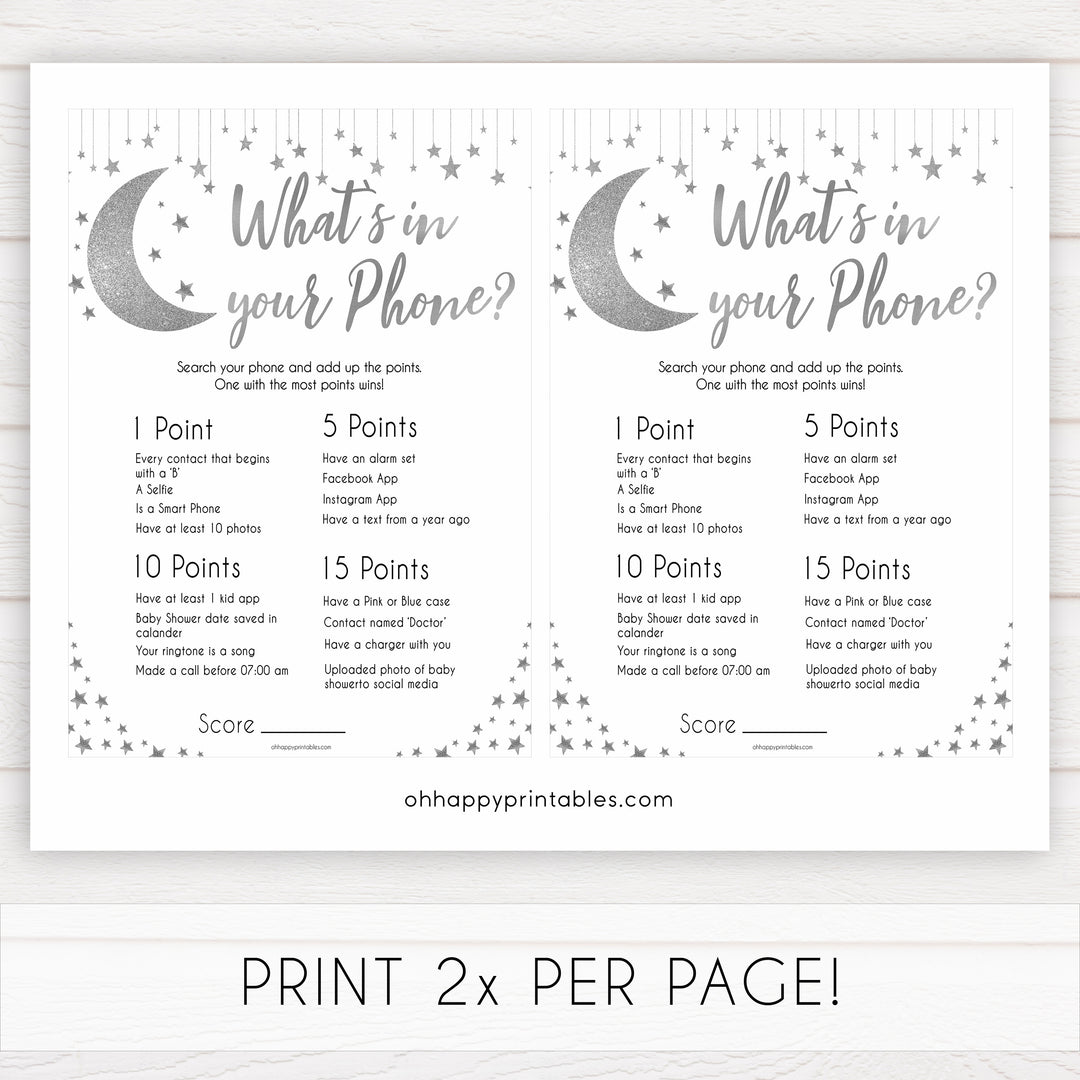 Silver little star, whats in your phone baby games, baby shower games, printable baby games, fun baby games, twinkle little star games, baby games, fun baby shower ideas, baby shower ideas
