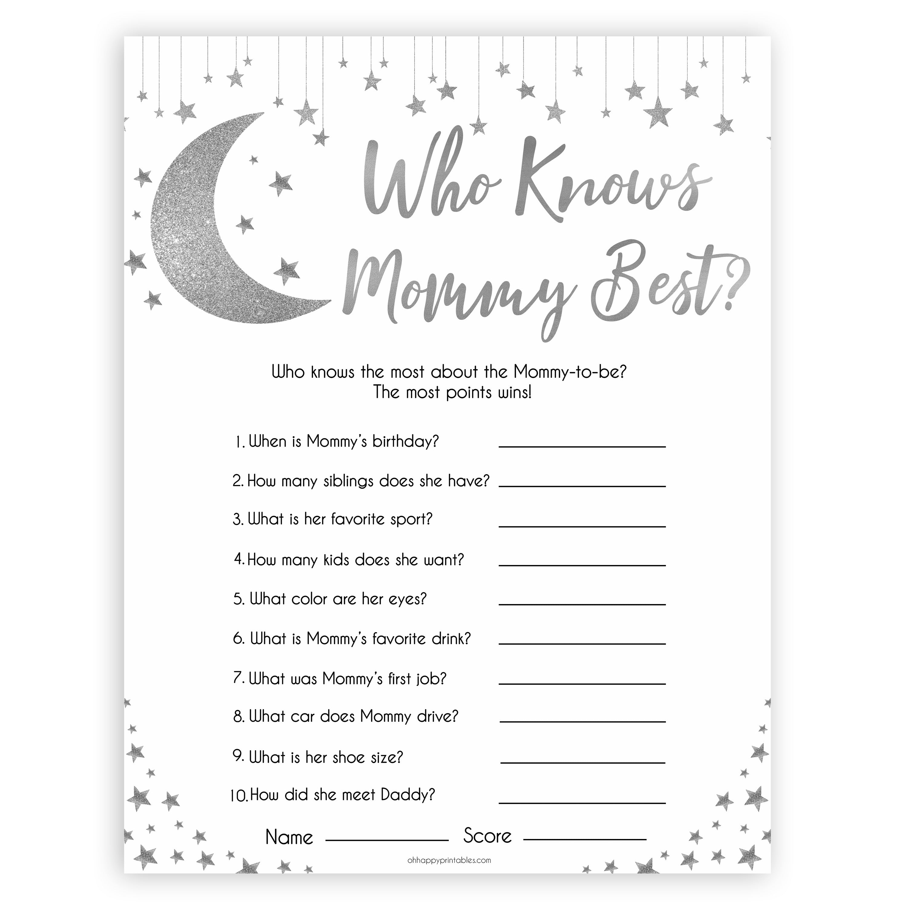 Silver little star, who knows mommy best baby games, baby shower games, printable baby games, fun baby games, twinkle little star games, baby games, fun baby shower ideas, baby shower ideas