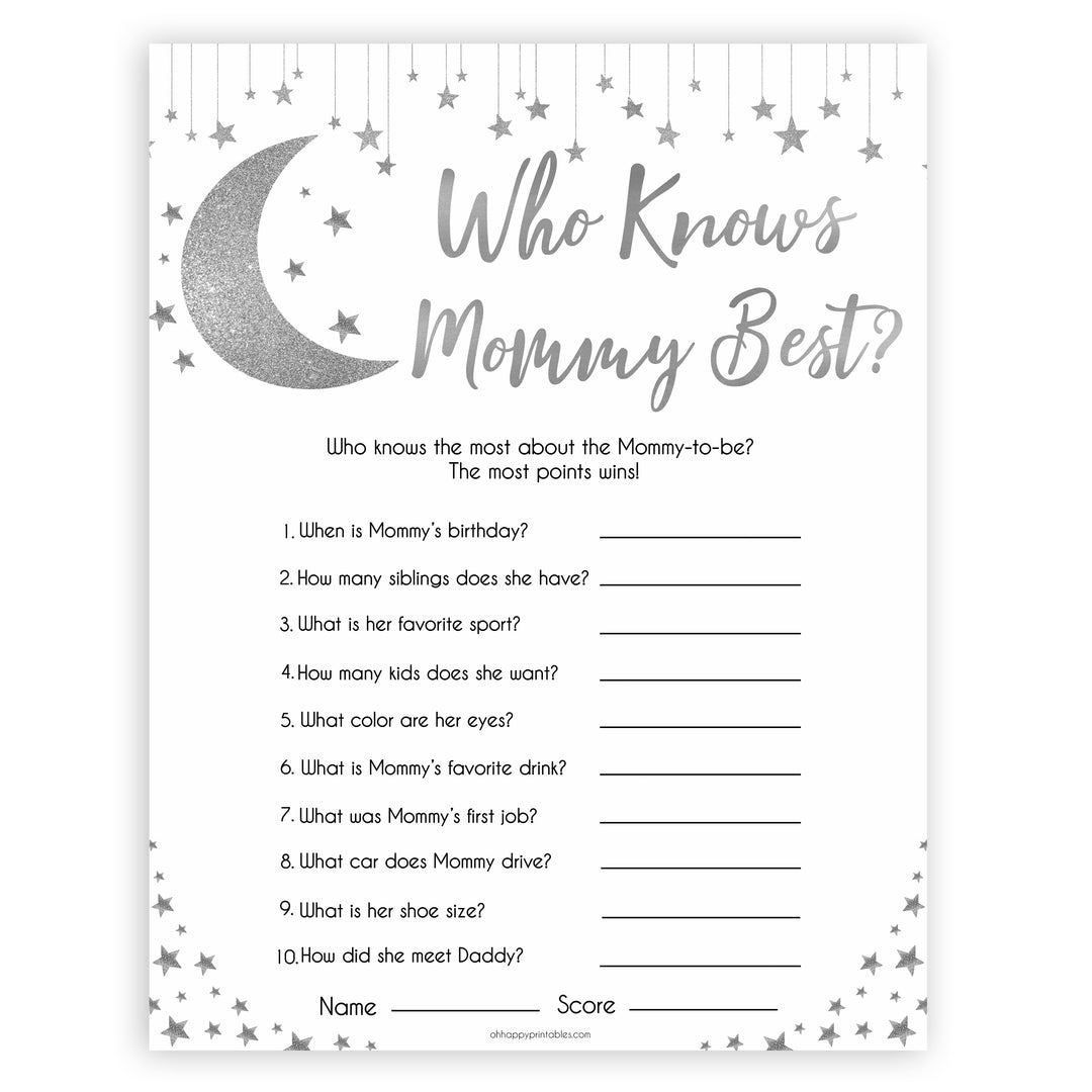 Silver little star, who knows mommy best baby games, baby shower games, printable baby games, fun baby games, twinkle little star games, baby games, fun baby shower ideas, baby shower ideas