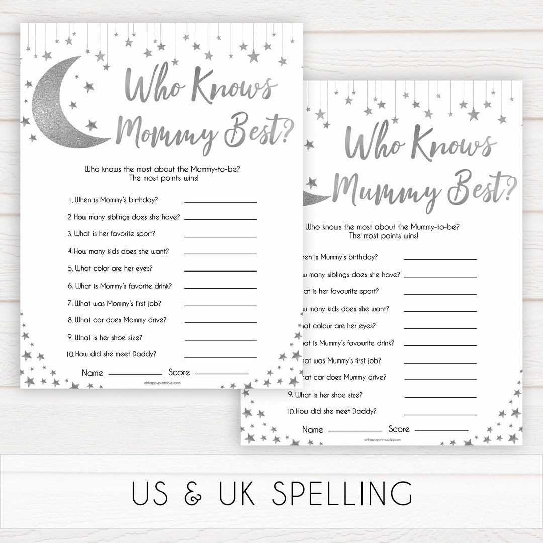 Silver little star, who knows mommy best baby games, baby shower games, printable baby games, fun baby games, twinkle little star games, baby games, fun baby shower ideas, baby shower ideas