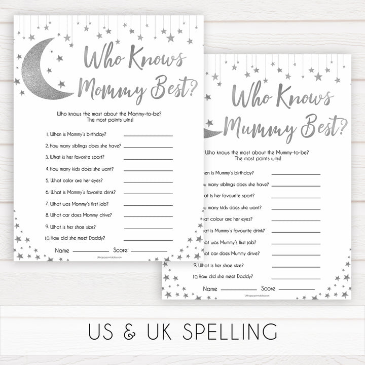Silver little star, who knows mommy best baby games, baby shower games, printable baby games, fun baby games, twinkle little star games, baby games, fun baby shower ideas, baby shower ideas