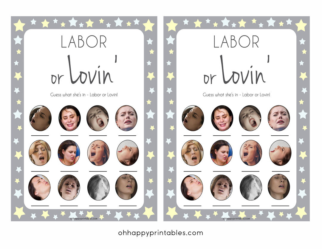 Labour or Lovin Game, Grey Yellow Star Baby Shower Games, Grey Labour or Lovin, Lovin or Labour, Printable Baby Game Porn or Labour Game, fun baby shower games, popular baby shower games