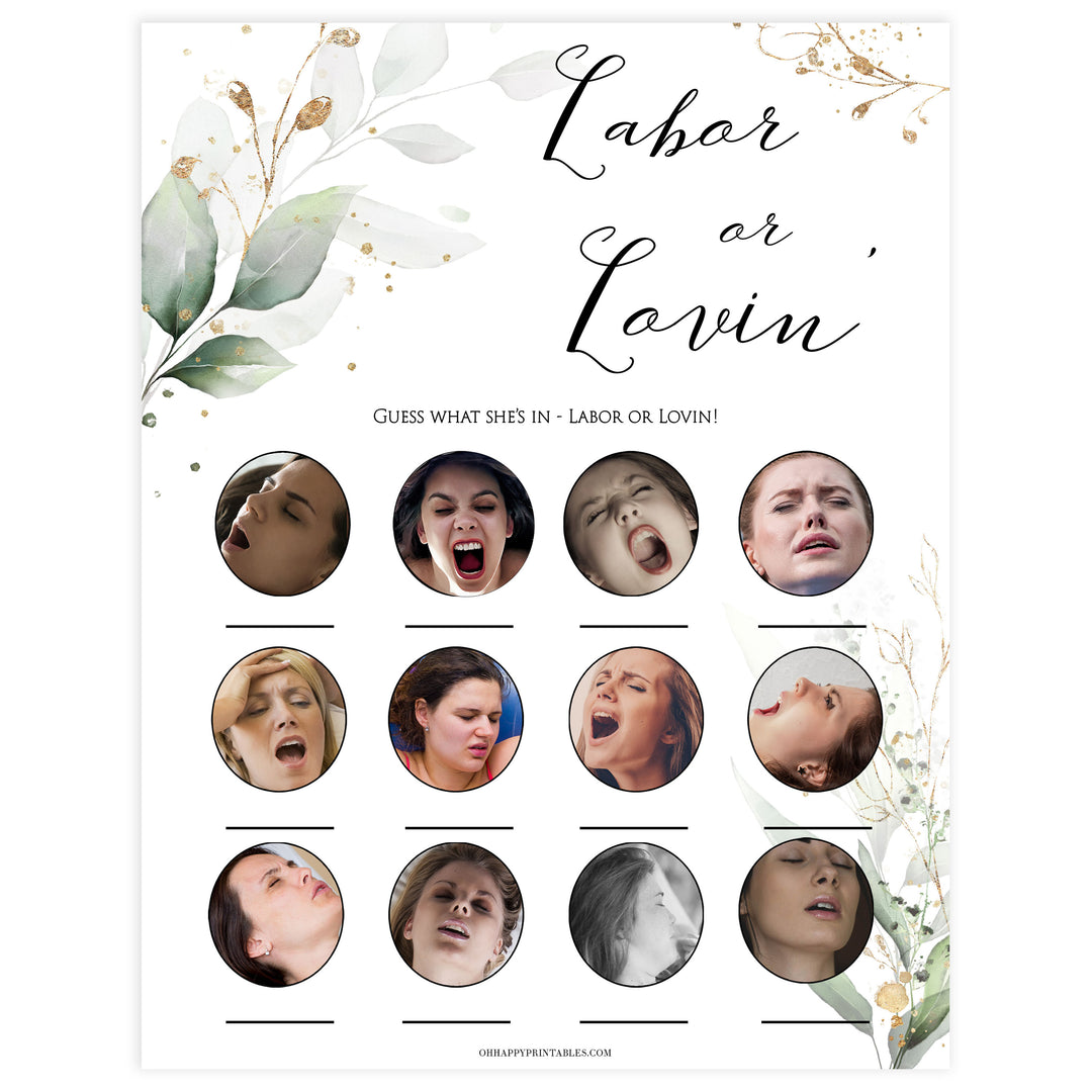 Gold green leaf baby games, labor or lovin, labor or porn, printable baby games, fun baby games, top baby games to play, gold leaf baby shower, greenery baby shower ideas