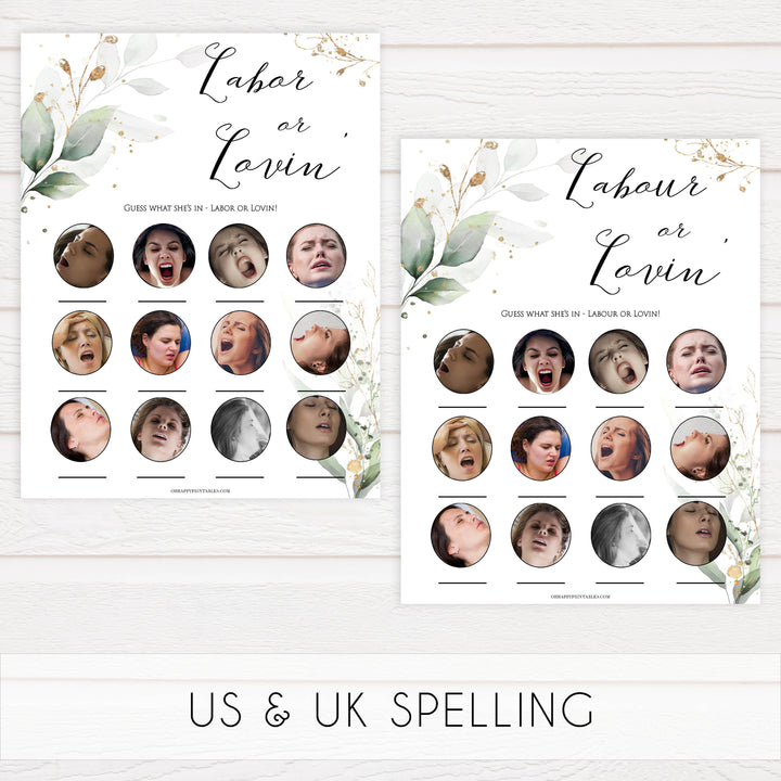 Gold green leaf baby games, labor or lovin, labor or porn, printable baby games, fun baby games, top baby games to play, gold leaf baby shower, greenery baby shower ideas