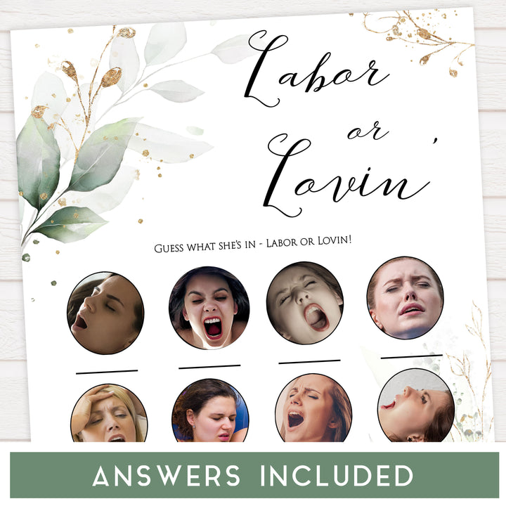 Gold green leaf baby games, labor or lovin, labor or porn, printable baby games, fun baby games, top baby games to play, gold leaf baby shower, greenery baby shower ideas