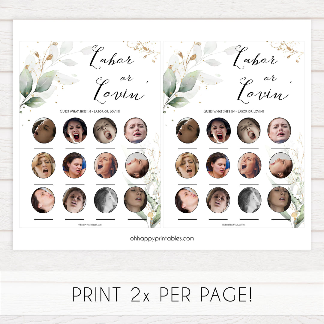 Gold green leaf baby games, labor or lovin, labor or porn, printable baby games, fun baby games, top baby games to play, gold leaf baby shower, greenery baby shower ideas