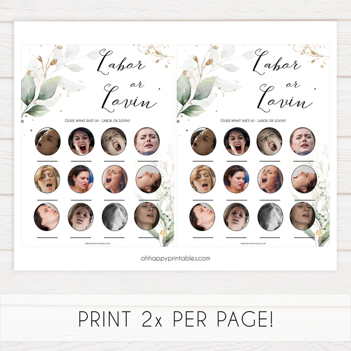 Gold green leaf baby games, labor or lovin, labor or porn, printable baby games, fun baby games, top baby games to play, gold leaf baby shower, greenery baby shower ideas