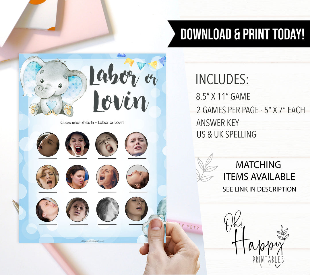 Blue elephant baby games, labour or lovin, labor or porn, elephant baby games, printable baby games, top baby games, best baby shower games, baby shower ideas, fun baby games, elephant baby shower