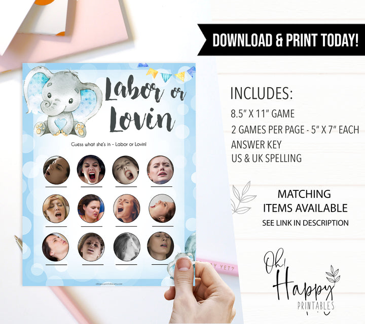 Blue elephant baby games, labour or lovin, labor or porn, elephant baby games, printable baby games, top baby games, best baby shower games, baby shower ideas, fun baby games, elephant baby shower
