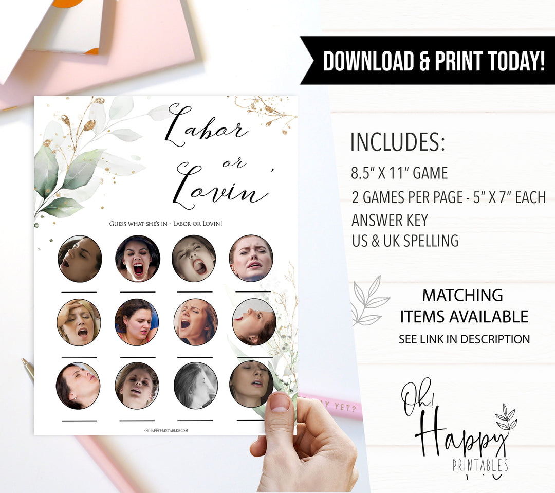 Gold green leaf baby games, labor or lovin, labor or porn, printable baby games, fun baby games, top baby games to play, gold leaf baby shower, greenery baby shower ideas