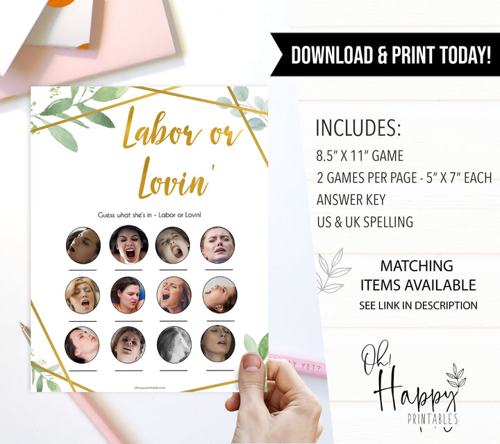 gold geometric Labour or lovin baby shower games, printable baby shower games, fun baby games, popular baby games, gold baby games