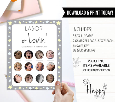 Labour or Lovin Game, Grey Yellow Star Baby Shower Games, Grey Labour or Lovin, Lovin or Labour, Printable Baby Game Porn or Labour Game, fun baby shower games, popular baby shower games