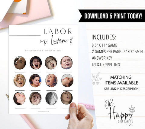 Printable baby shower game labor or lovin with a modern minimalist design
